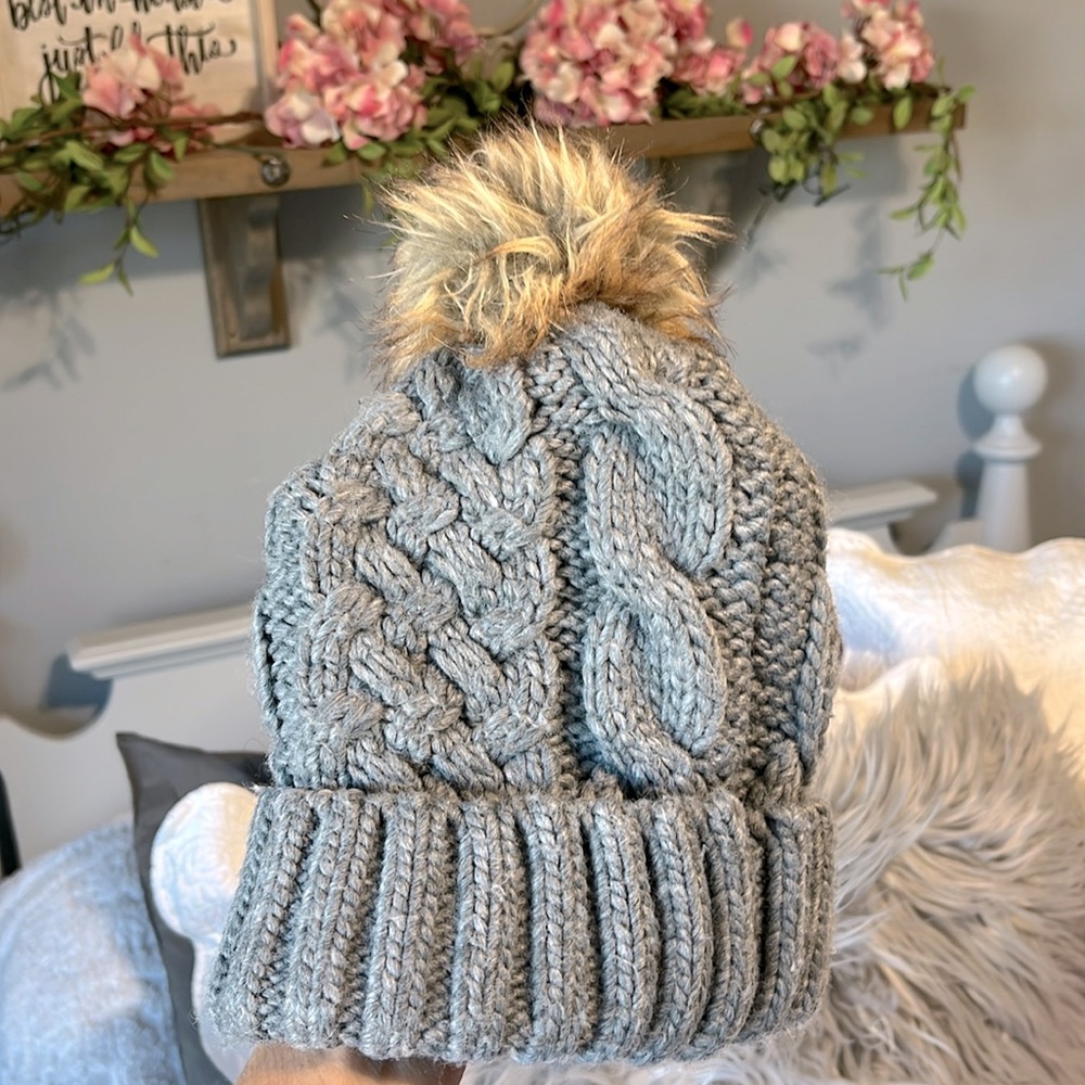 Girls Winter Cap Toboggan Hat Gray Fluffy Pom